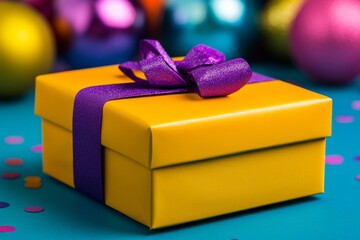 The background is a festive Christmas setting with colorful ornaments and confetti, with large gift boxes in the foreground