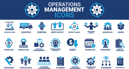 Operations management icon set. Containing production, logistics, supply chain, manufacturing, planning, inventory management, strategy, customer satisfaction and cost icons. Solid icon collection.