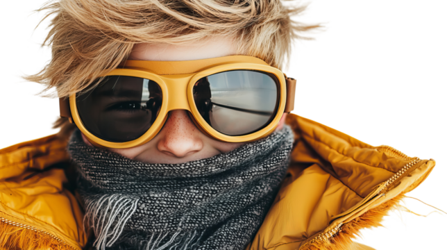Png of Blonde Child Wearing Yellow Goggles and Winter Scarf on transparent background.
