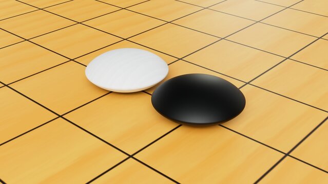 3D Render. A close-up of a black and a white Go stone placed side by side on a wooden Go board.