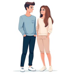 Fototapeta premium Cartoon illustration of two kids wearing casual clothes and backpacks, ready for outdoor adventure