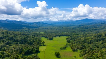 Naklejka premium Aerial view of a lush green landscape with a grassy field and mountains under a blue cloudy sky for travel
