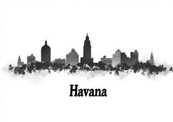 Fototapeta premium Havana Cuba Skyline BW, print poster travel art illustration urban modern downtown landmarks skyscrapers artwork architecture digital design 