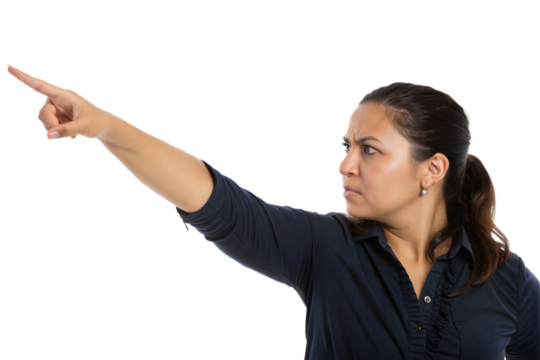 Woman Pointing with Serious Expression