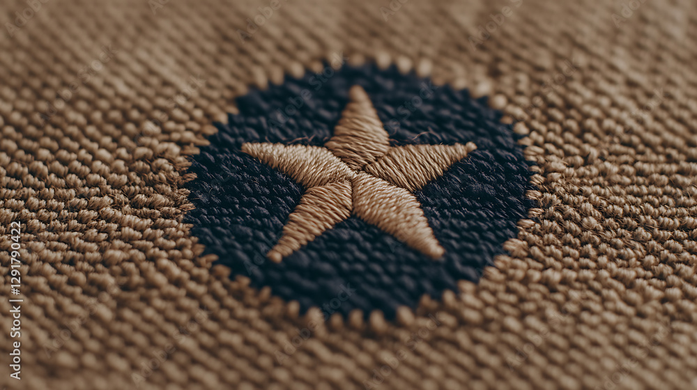 Poster embroidered star on textured fabric. a close-up featuring a star within a circle on burlap texture. 