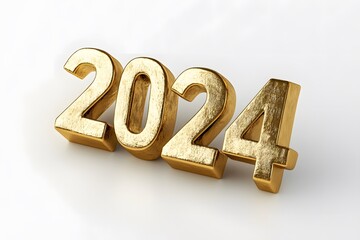 Gold 3D 2024 number isolated on white background, new year celebration, shiny metallic digits