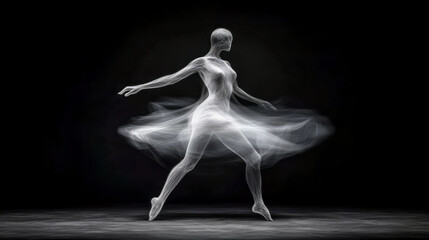 Obraz premium Ballerina dancing gracefully in a white dress on a dark stage, creating a stunning visual effect with motion blur