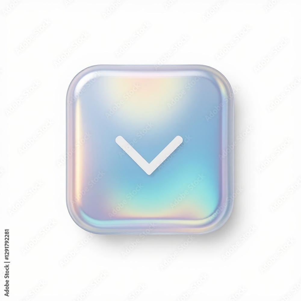 Poster Iridescent button with downward arrow on white background