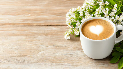 Latte art heart, spring flowers, wooden table, morning coffee, relaxing mood