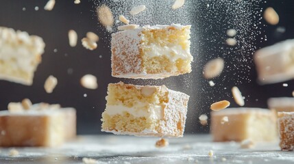 Floating Battenberg cake slices, suspended mid-air, surrounded by levitating almond flakes and sugar dust