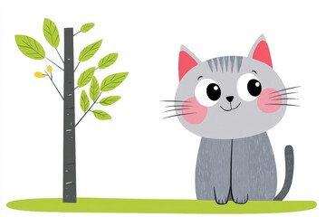 a 2D cartoon illustration of a cat climbing a tree, agile and curious, white background