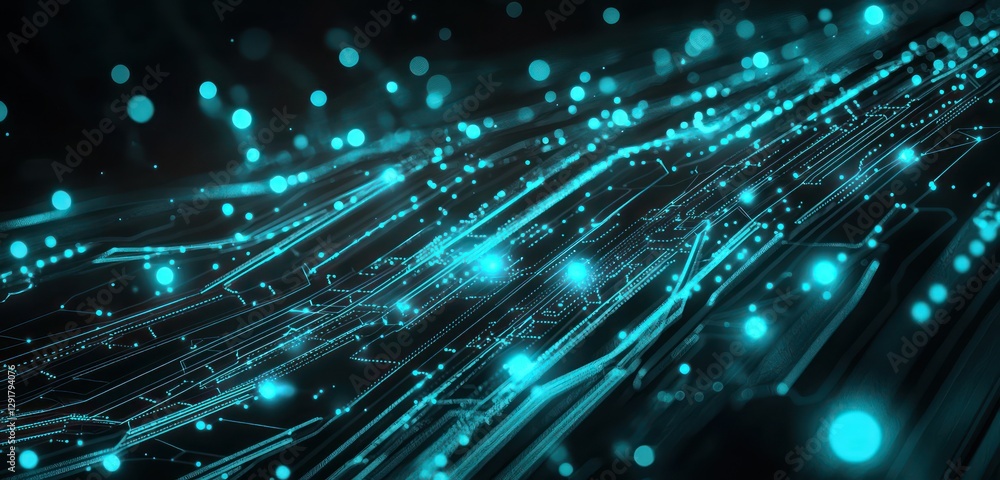 Poster deep turquoise digital lines stretch across a black background in a futuristic tech style.
