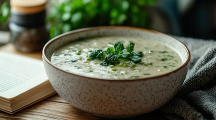 Creamy soup with fresh herbs in a bowl, healthy meal.