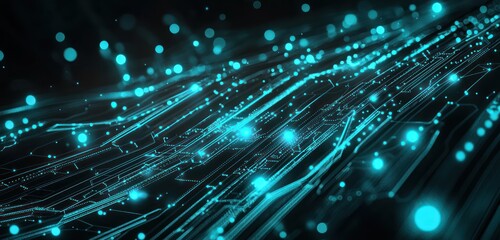 Obraz premium Deep turquoise digital lines stretch across a black background in a futuristic tech style.