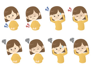 腹痛や頭痛で体調不良の女性のイラストセット