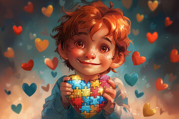 A boy holds a heart with puzzle pieces in his hands as a sign of solidarity with people suffering from autism spectrum disorders. World Autism Day. A friendly autistic child.The boy with the red hair