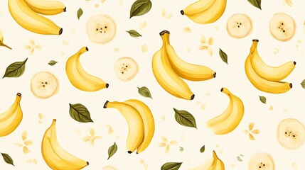 Banana Pattern on Cream Background with Leaves and Slices