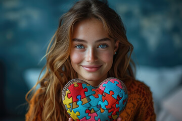 The sweet girl is smiling and holding a puzzle heart in her hands. World Autism Awareness Day.World Autism Recognition Day.