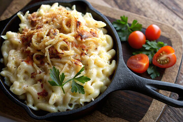 Käsespätzle. A thick, savoury mass of soft yellow spätzle dumplings covered with melted melted cheese. On top is a golden, slightly crispy crust of baked cheese. Additionally sprinkled with fried onio