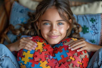 The sweet girl is smiling and holding a puzzle heart in her hands. World Autism Awareness Day.World Autism Recognition Day.