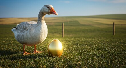 Goose Guarding Golden Egg on Green Grass Field Under Blue Sky