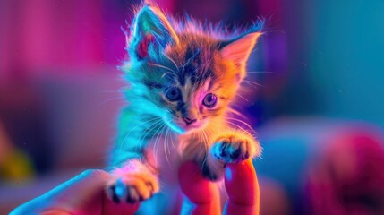 A colorful kitten high-definition photo standing on the tip of someone's finger, hyper-realistic, macro photography, vibrant colors, natural lighting, high resolution,