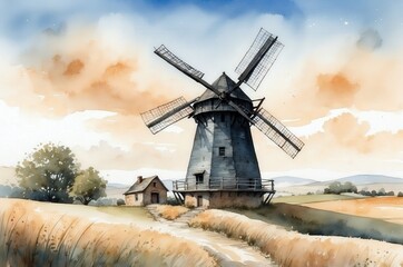 Windmill surrounded by golden fields at sunset in a serene rural landscape