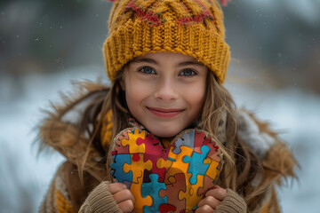 The sweet girl is smiling and holding a puzzle heart in her hands. World Autism Awareness Day.World Autism Recognition Day.