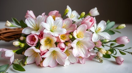 Obraz premium The image showcases a beautifully arranged bouquet of pink and white flowers with greenery, exuding elegance and freshness, perfect for celebrations or as a heartfelt gift. 