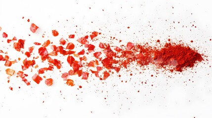 65. Red paprika powder suspended in mid-air, particles floating freely with a sharp cut-out against white