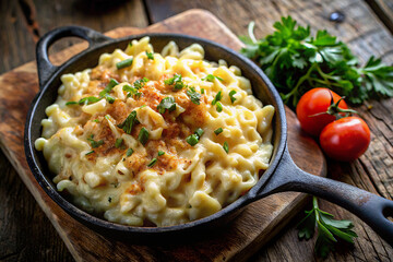Käsespätzle. A thick, savoury mass of soft yellow spätzle dumplings covered with melted melted cheese. On top is a golden, slightly crispy crust of baked cheese. Additionally sprinkled with fried onio