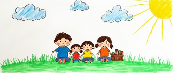 Obraz premium Children drawing with colored pencils - a family of four sitting on green grass, a basket with food, clouds and a bright sun