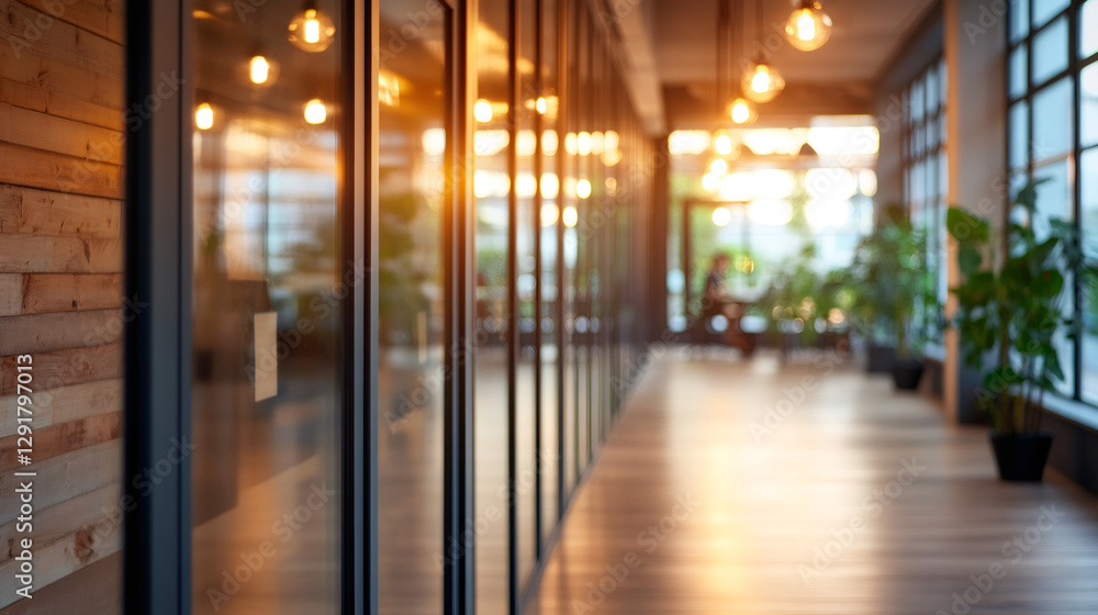 Poster empty modern office corridor with wooden wall, glass partitions and warm lighting creating a cozy an