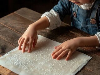 A child s hands feeling the Braille characters on a page, learning how to read through touch for World Braille Day