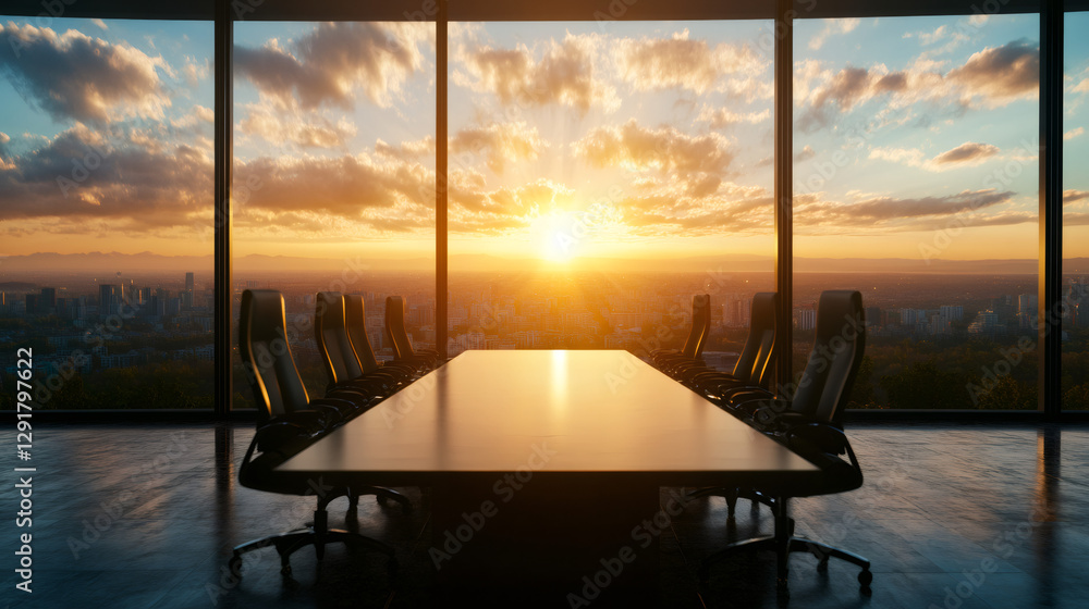 Poster empty boardroom with large windows overlooking a cityscape at sunset, creating a professional and in