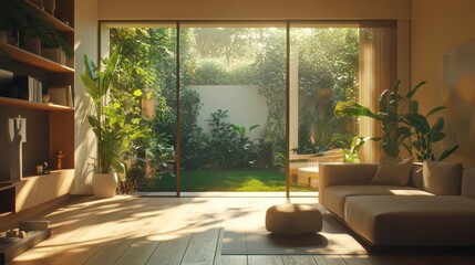 Fototapeta premium Bright Indoor Living Room with Garden View