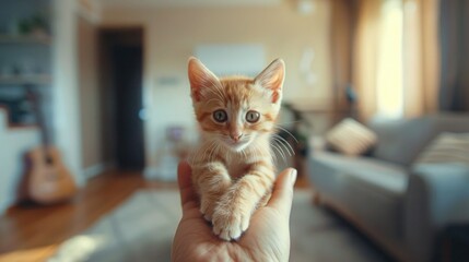 A colorful kitten high-definition photo standing on the tip of someone's finger, hyper-realistic, macro photography, vibrant colors, natural lighting, high resolution,