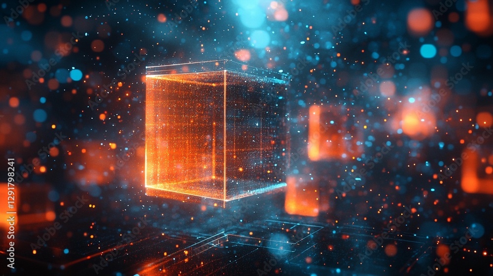 Poster glowing orange cube in dark futuristic space with particles.