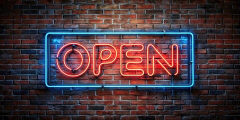 Fototapeta premium Vibrant neon sign glows on brick wall, proclaiming 