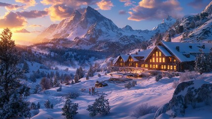 Mountain Lodge Under Sunset Glow