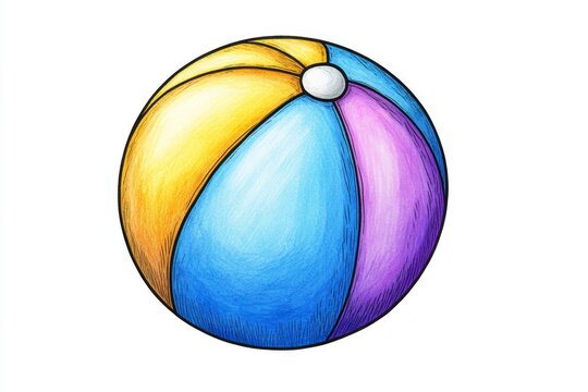 a 2D cartoon illustration of a colorful beach ball bouncing in the air, playful and fun, white background