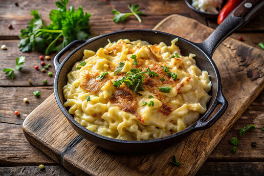 K&auml;sesp&auml;tzle. A thick, savoury mass of soft yellow sp&auml;tzle dumplings covered with melted melted cheese. On top is a golden, slightly crispy crust of baked cheese. Additionally sprinkled with fried onio