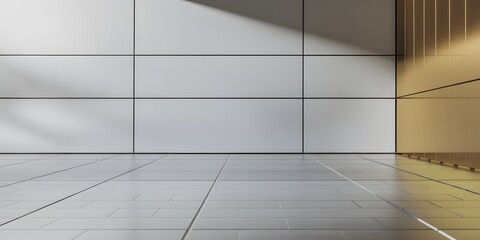 "Minimalist Architectural Scene with a Large White Wall Featuring Horizontal Lines, a Golden Panel, and a Light Silver Tiled Floor in a Serene, Geometric Composition"