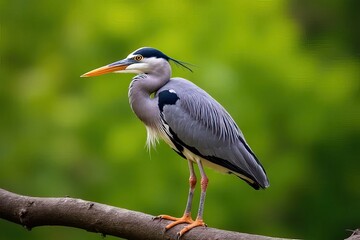 Obraz premium Grey Heron Perched on Branch in Lush Green Background