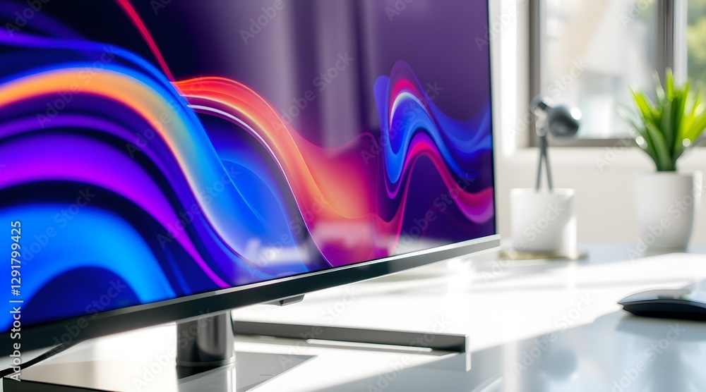Poster the image features a close-up of a modern television screen displaying vibrant abstract graphics, se