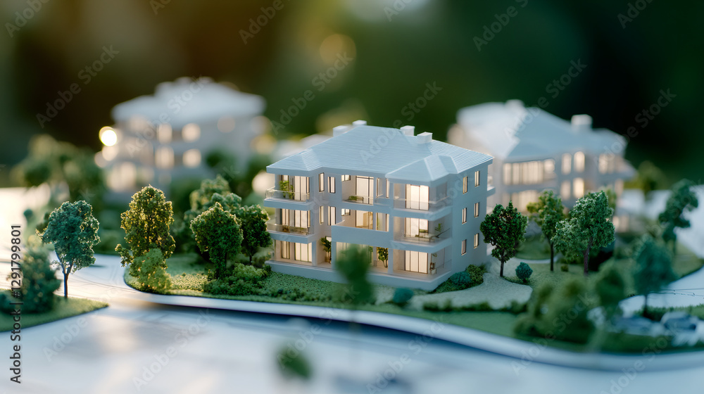 Poster architectural model of a residential building complex surrounded by green spaces, highlighting susta