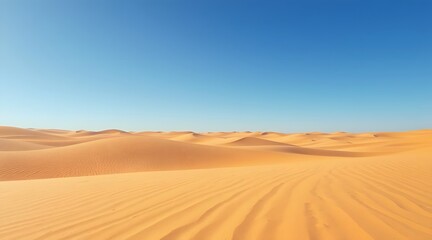 A stunning desert landscape featuring endless golden sand dunes under a clear blue sky, capturing the essence of tranquility and the beauty of nature's vastness.   
