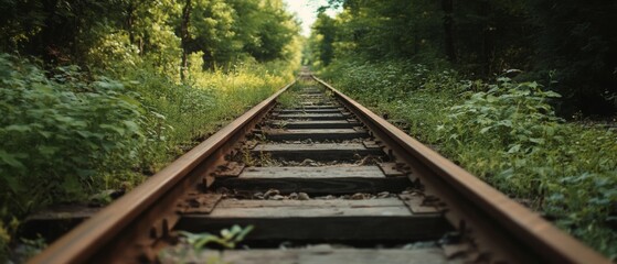 Fototapeta premium Railroad tracks stretch into the distance, surrounded by overgrown greenery, under the quiet embrace of nature.