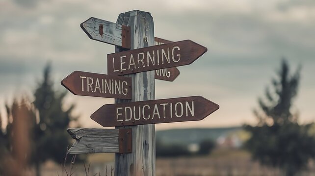 learning, training, education, signpost, direction, choice, decision, crossroads, knowledge, development, skill, growth, concept, metaphor, guidance, wayfinding, path, future, career, study, learn
