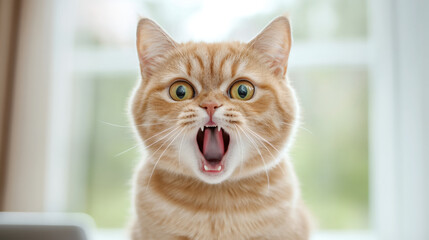 Ginger cat vocalizing, mouth agape, wide-eyed expression near window, showcasing feline surprise